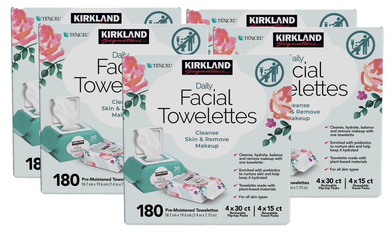 5 Pack Kirkland Signature Daily Facial Towelettes, 180 Count