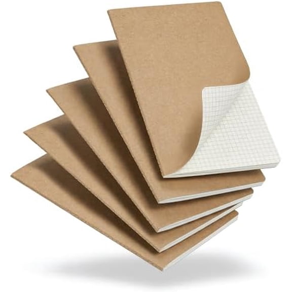 5 Pack Kraft Notebooks Bulk A5, 60 Pages Grid Graph Paper Journals, 8.3x5.5 Inches, Natural Kraft Cover Composition Notebooks for School Office Students Artists