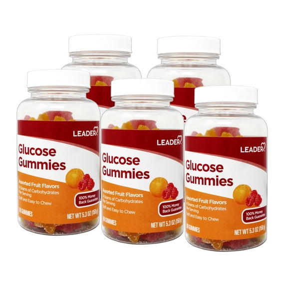 5 Pack - LEADER Glucose Gummies, Energy and Blood Sugar Support, Assorted Fruit, 60 Count