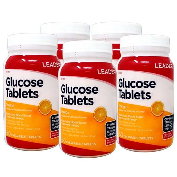 5 Pack - LEADER Glucose Tablets, Energy and Blood Sugar Support, Orange Flavor, 50 Chewable Tablets