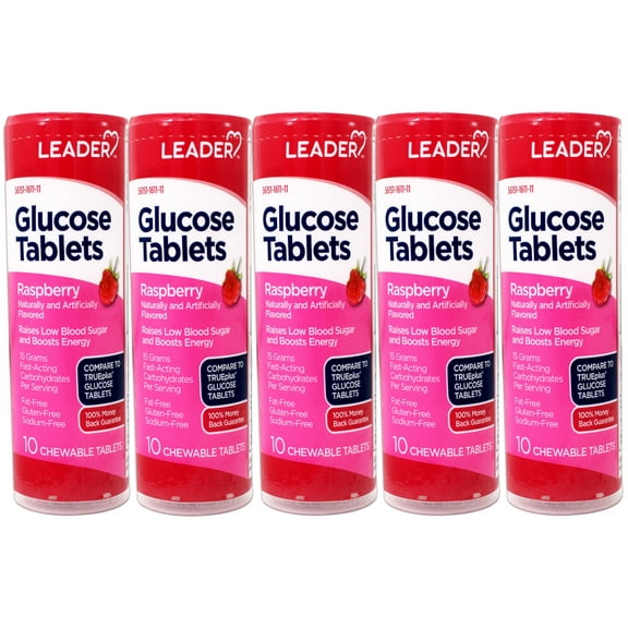 5 Pack - LEADER Glucose Tablets, Energy and Blood Sugar Support, Raspberry Flavor, 10 Count Travel Size