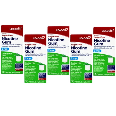 5 Pack - LEADER Nicotine Gum Stop Smoking Aid, 2 mg Nicotine, Sugar-Free, Coated Mint Flavor, 10 Count