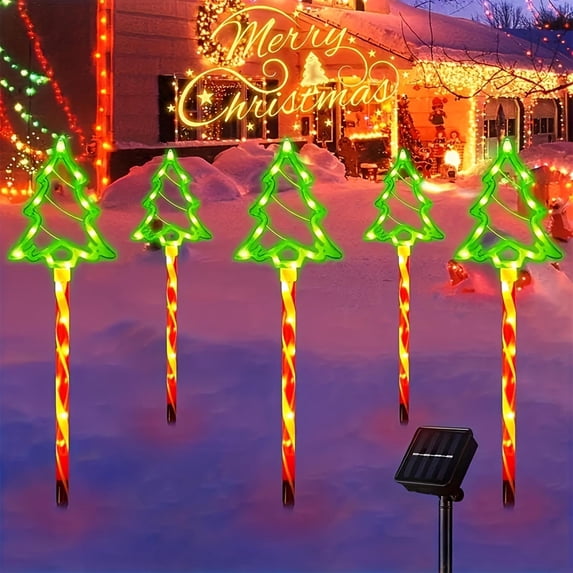 5-Pack LED Solar Christmas Lights, Waterproof Outdoor Decorations for Tree, Courtyard, Patio, Garden, Reindeer, Santa, Snowflakes, Easy Setup, Warm Golden Light, Holiday Cheer and Gifts
