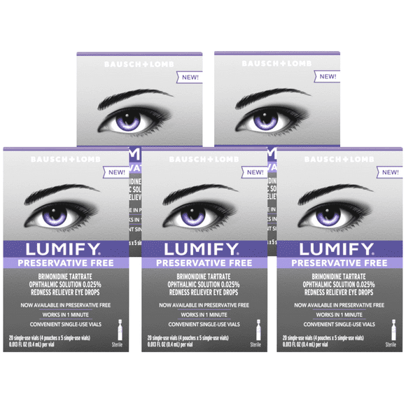 5 Pack - LUMIFY Redness Reliever Preservative Free Fast Acting Eye Drops, 20 Single Use Vials