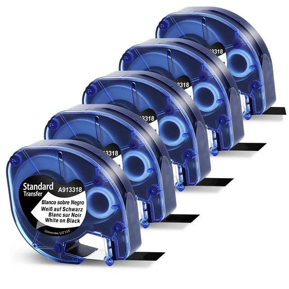5-Pack Label Maker Tape Compatible with Dymo LetraTag Refills for LetraTag Label Maker LT-100H LT-100T QX50 913318 (1/2*13 Feet, 12mm 4m) White on Black
