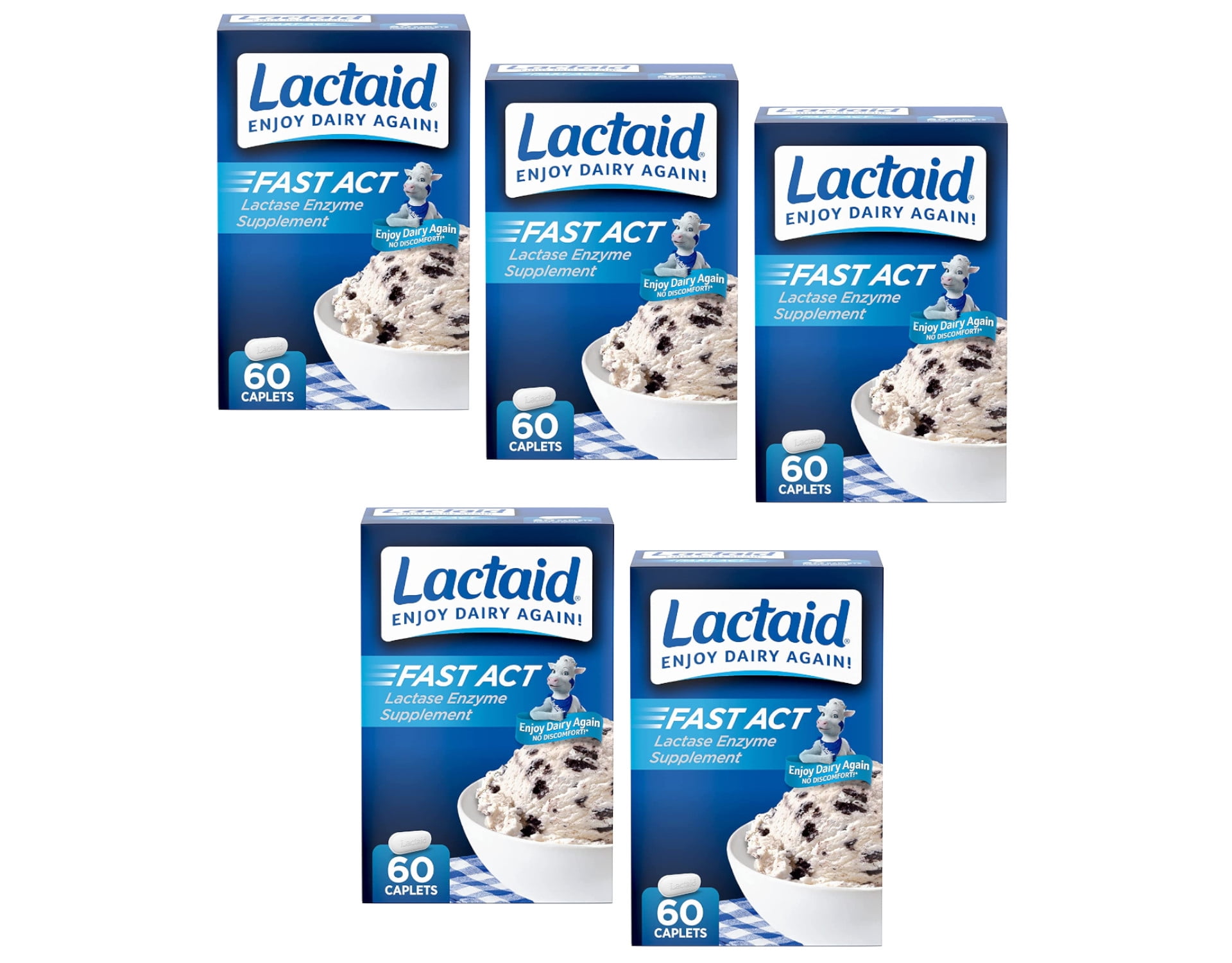 5 Pack Lactaid Fast Act Lactase Enzyme Supplement 60 Caplets Each