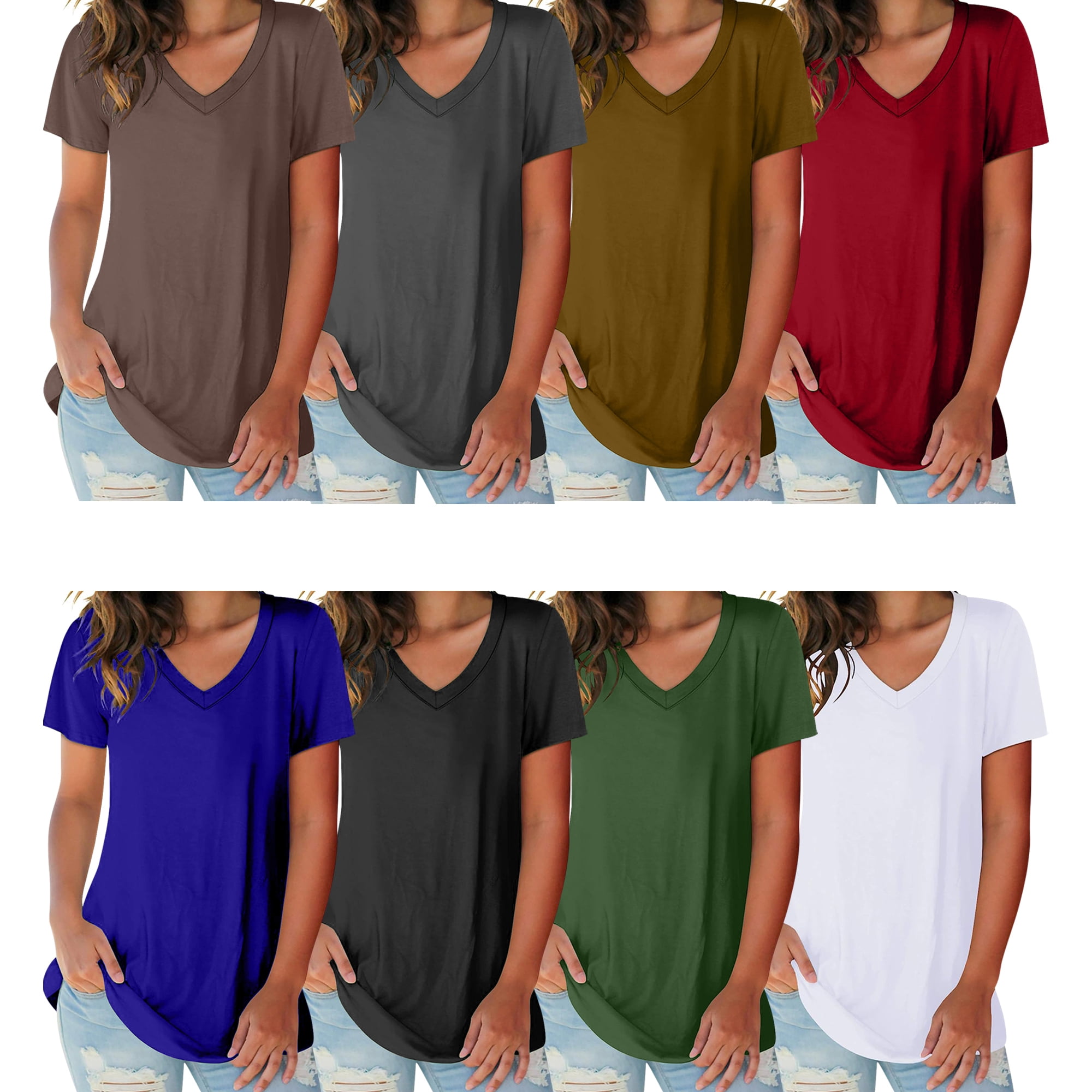 5-Pack: Ladies Ultra Soft Cotton Basic Short Sleeve V-Neck Short Sleeve  Summer T-Shirts
