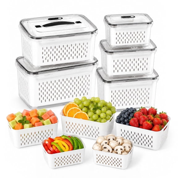 5-Pack Large Refrigerator Fruit Storage Containers with Handles, Leakproof Produce Saver with Removable Drain Colander