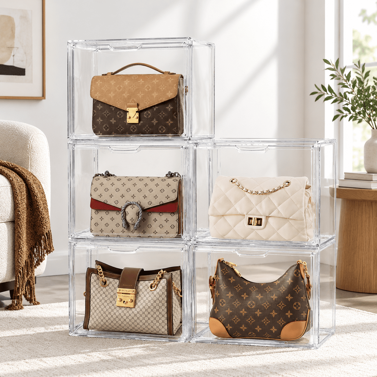 Bookcase Handbag Storage 5 Pack Large Stackable Handbag Display Case Box with Door for Closet ...