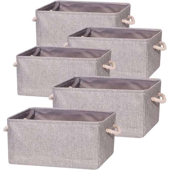 5 Pack Large Storage Basket Bin, Foldable Storage Cube Box Canvas Fabric Collapsible Organizer with Handles for Closet Home Office Clothes Shelf, Grey