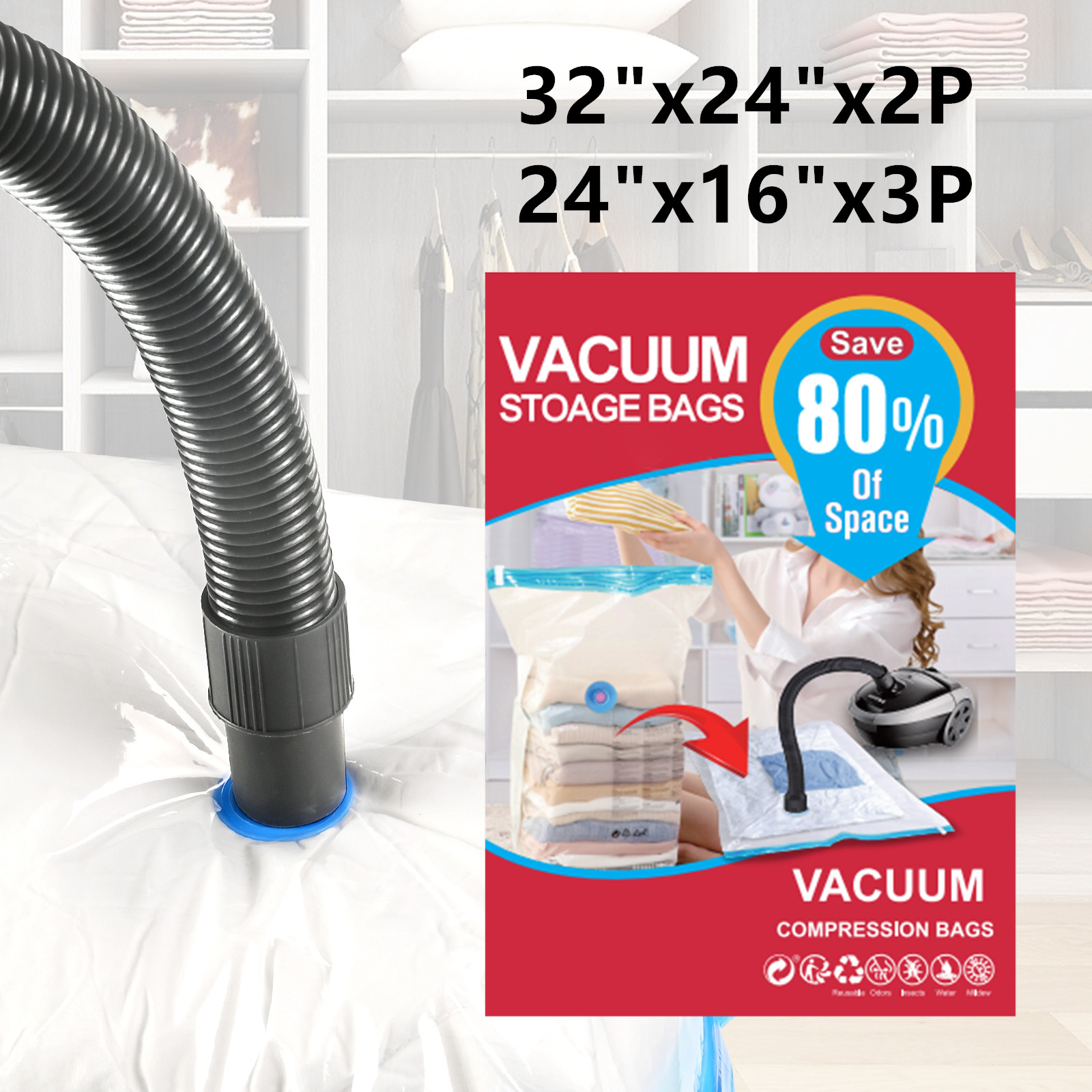 5 Pack：Large Vacuum Storage Bags 32"x24"&24"x16",80 More Storage