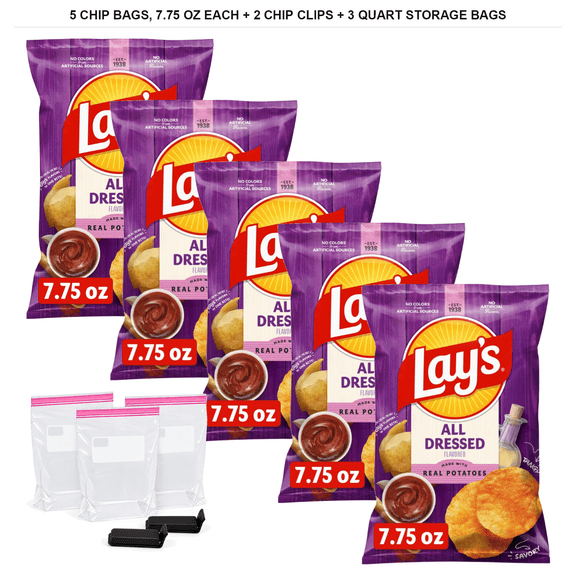 5 Pack | Lay's All Dressed Potato Chips, 7.75 oz Each with 2 Reusable Chip Clips and 3 Quart Resealable Food Storage Bags
