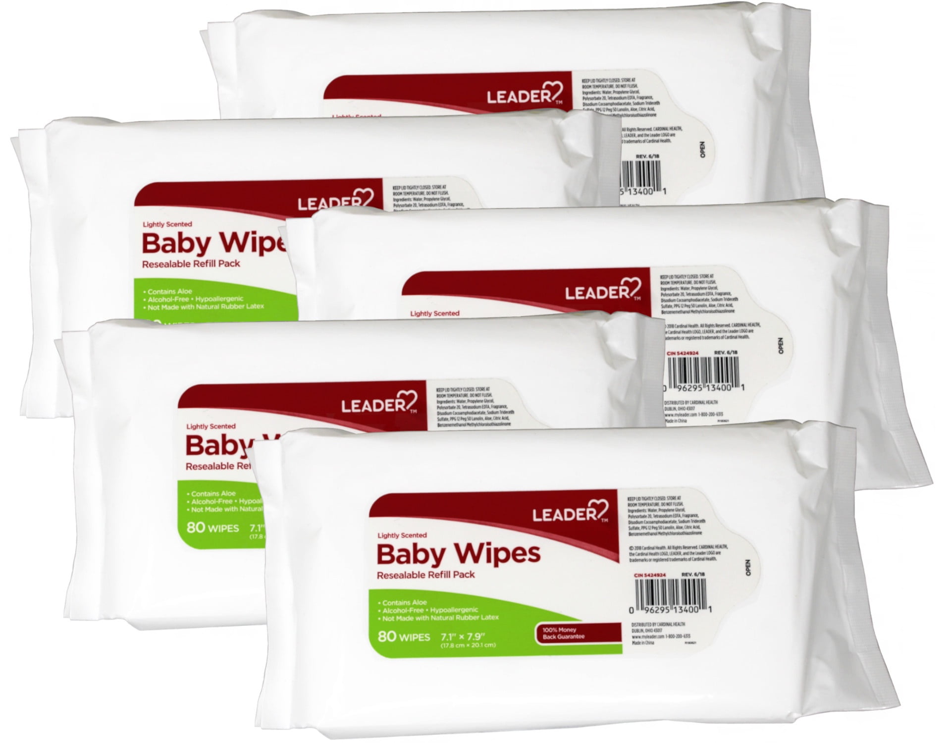 5 Pack - Leader Baby Wipes, Resealable Refill Pack, 7.1” x 7.9” (17.8 cm x 20.1 cm), Lightly Scented, 80 Count