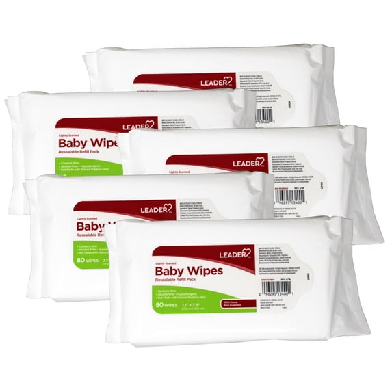 5 Pack - Leader Baby Wipes, Resealable Refill Pack, 7.1” x 7.9” (17.8 cm x 20.1 cm), Lightly Scented, 80 Count