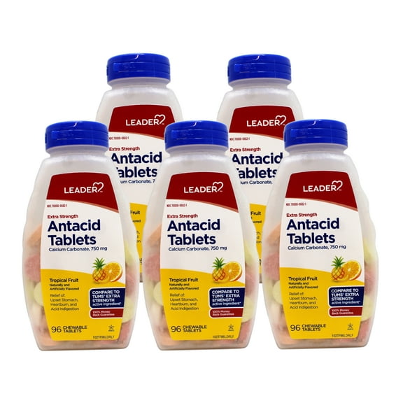 5 Pack - Leader Extra Strength Antacid Chewable Tablets, Fast Relief of Heartburn and Acid Indigestion Reflux, Tropical Fruit, 96 Count