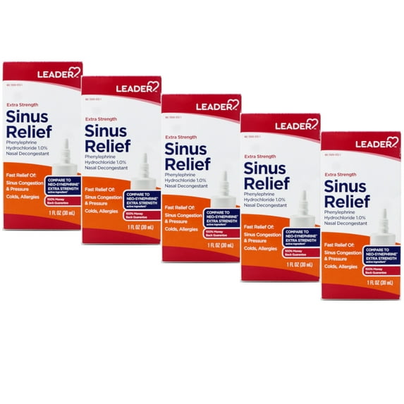 Leader Extra Strength Sinus Relief, Fast Acting, Sinus Decongestant, Nasal Congestion Relief Spray, Cold & Allergy 30 mL Bottle (Pack of 5)