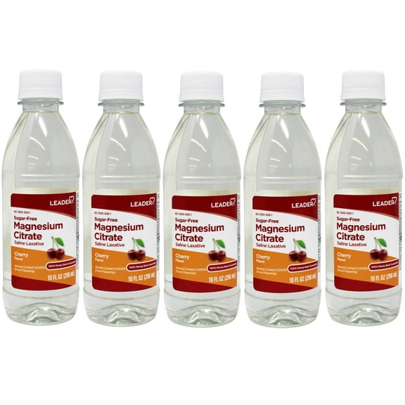 5 Pack - Leader Magnesium Citrate Saline Laxative, Sugar-Free, Cherry Flavor, 10 FL OZ