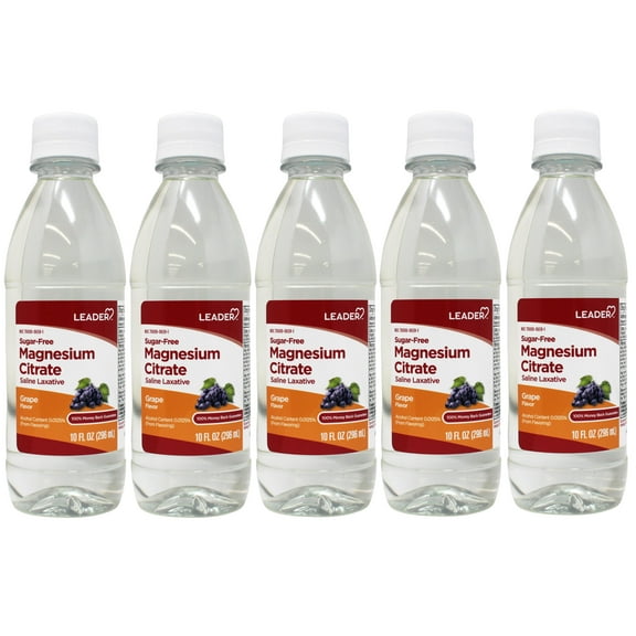 5 Pack - Leader Magnesium Citrate Saline Laxative, Sugar-Free, Grape Flavor, 10 FL OZ