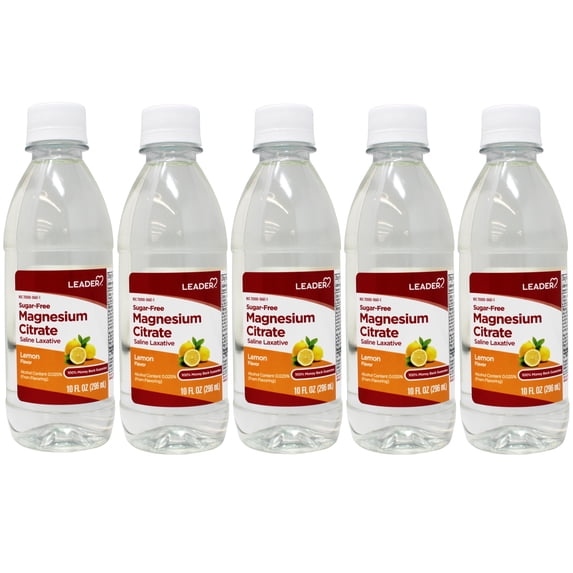 5 Pack - Leader Magnesium Citrate Saline Laxative, Sugar-Free, Lemon Flavor, 10 FL OZ