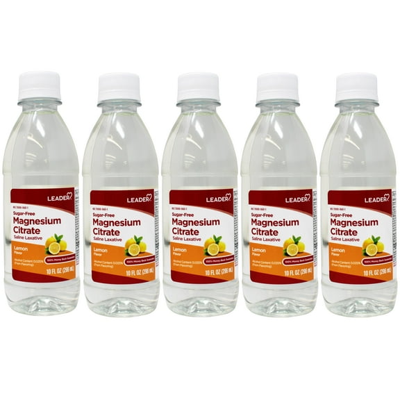 5 Pack - Leader Magnesium Citrate Saline Laxative, Sugar-Free, Lemon Flavor, 10 FL OZ