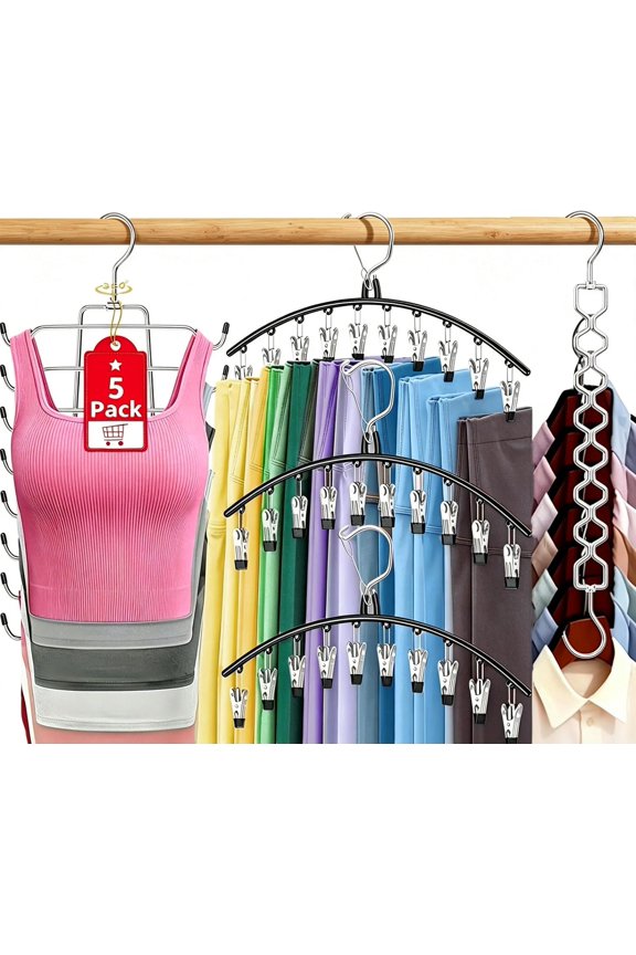 5 Pack Legging Organizer for Closet , 3 Pants Leggings Hangers with 30 Clips, 1  Top Hanger, 1 Metal Magic Space Saving Hangers Closet Organizers and Storage for Pants Skirts Bra