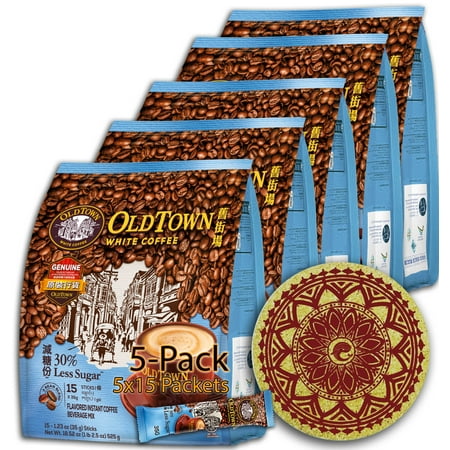 (5-Pack - Less Sugar) OLD TOWN (3 in 1) Less Sugar White Coffee Asian Instant Coffee Package with a WHALEVER Eco Friendly Cork Coasters Coffee Lover Package, oldtown White Coffee 85 Packets