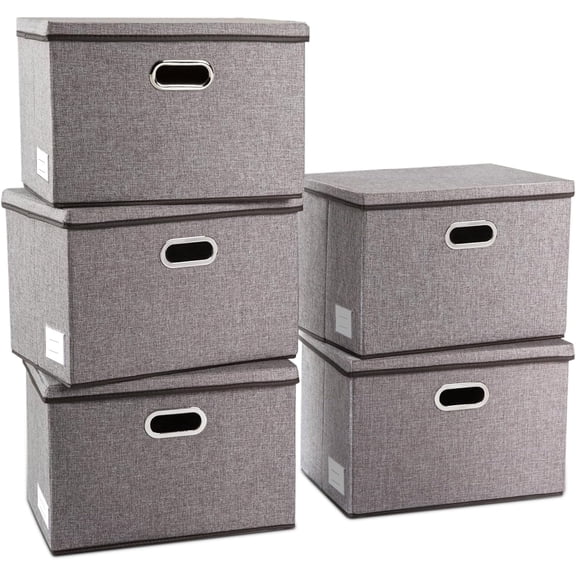 5 Pack Linen Fabric Collapsible Storage Boxes with Lids & Stainless Steel Cutout Handles, Foldable Stackable Cube Organizer Bins, Neutral Gray Storage Containers Closet Bedroom Office