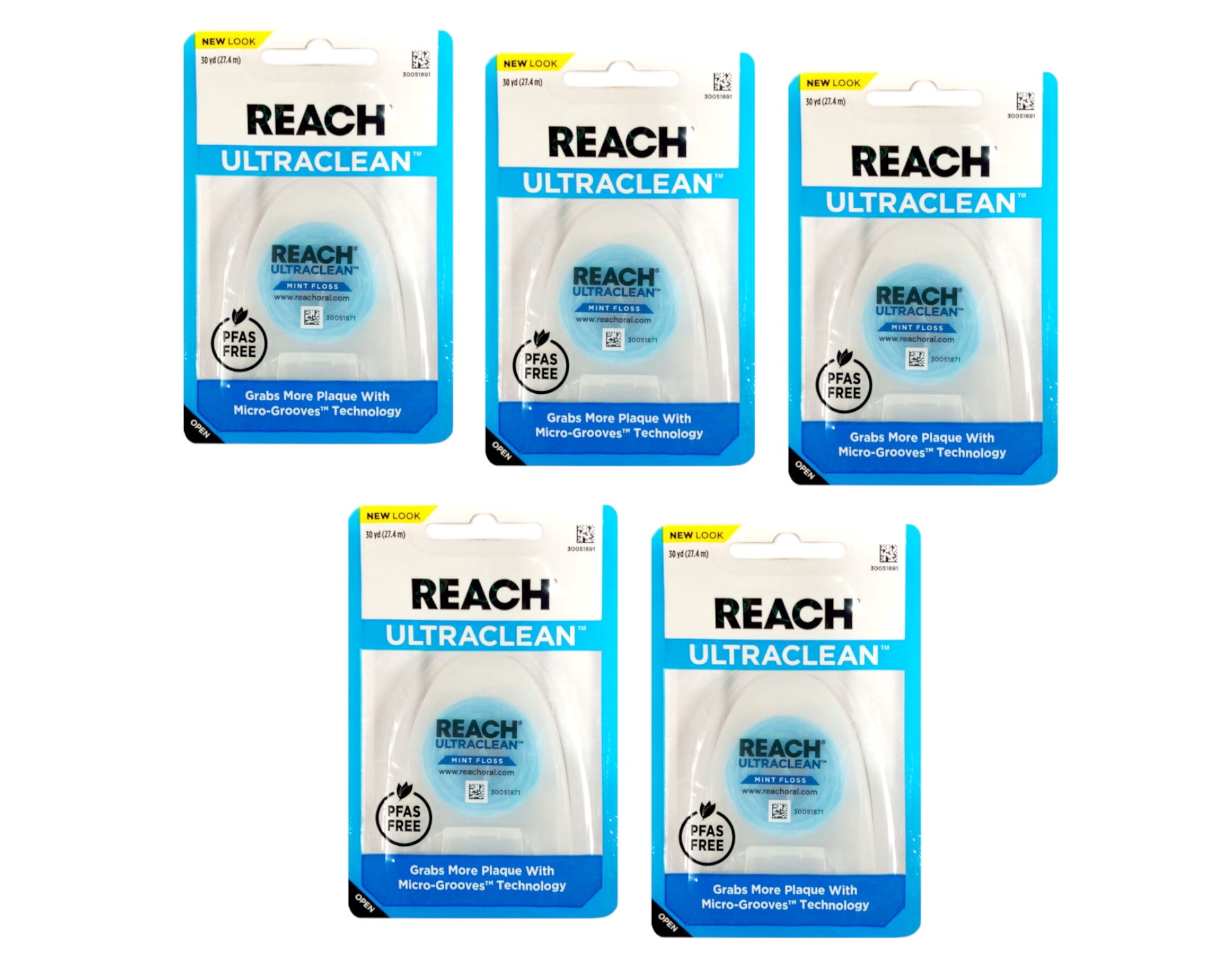 Reach Ultraclean No-Shred Thermoplastic Elastomer (TPE) Waxed Dental Floss Value Pack, Mint, Blue, 5 Count