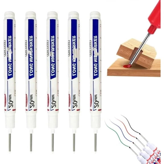 5 Pack Long Head Deep Hole Pens - 20mm Reach Metal Markers, Quick-dry Waterproof Long Nib, Colorful Carpenter Markers