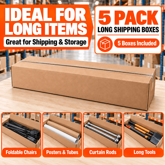5 Pack Long Shipping Boxes, 27.5 x 6 x 6 in, Sturdy 3-Layer C-Flute Corrugated Cardboard Cartons for Packing, Shipping & Storage of Long Narrow Items