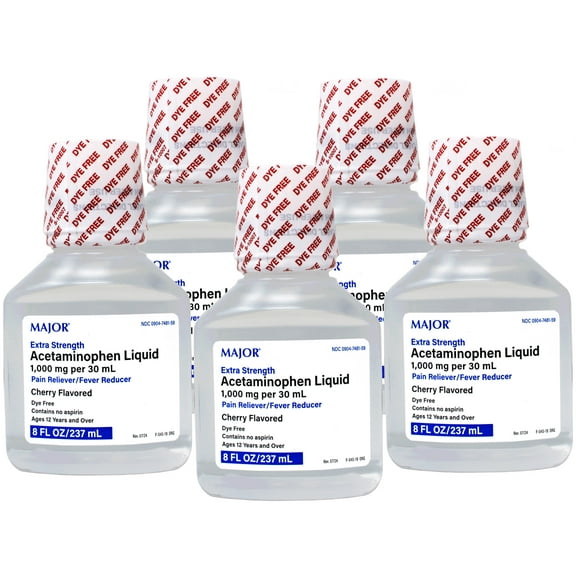 5 Pack - MAJOR Extra Strength Acetaminophen Liquid, 1000 mg per 30 mL, Pain Reliever/Fever Reducer, Cherry Flavored, Dye Free, 8 FL OZ