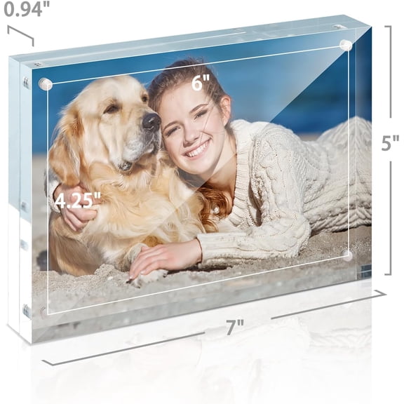 5 Pack Magnetic Acrylic Photo Frame 4x6 Inch Horizontal Double Sided Self Standing Clear Display Block 12+12MM Thick Frameless Desktop