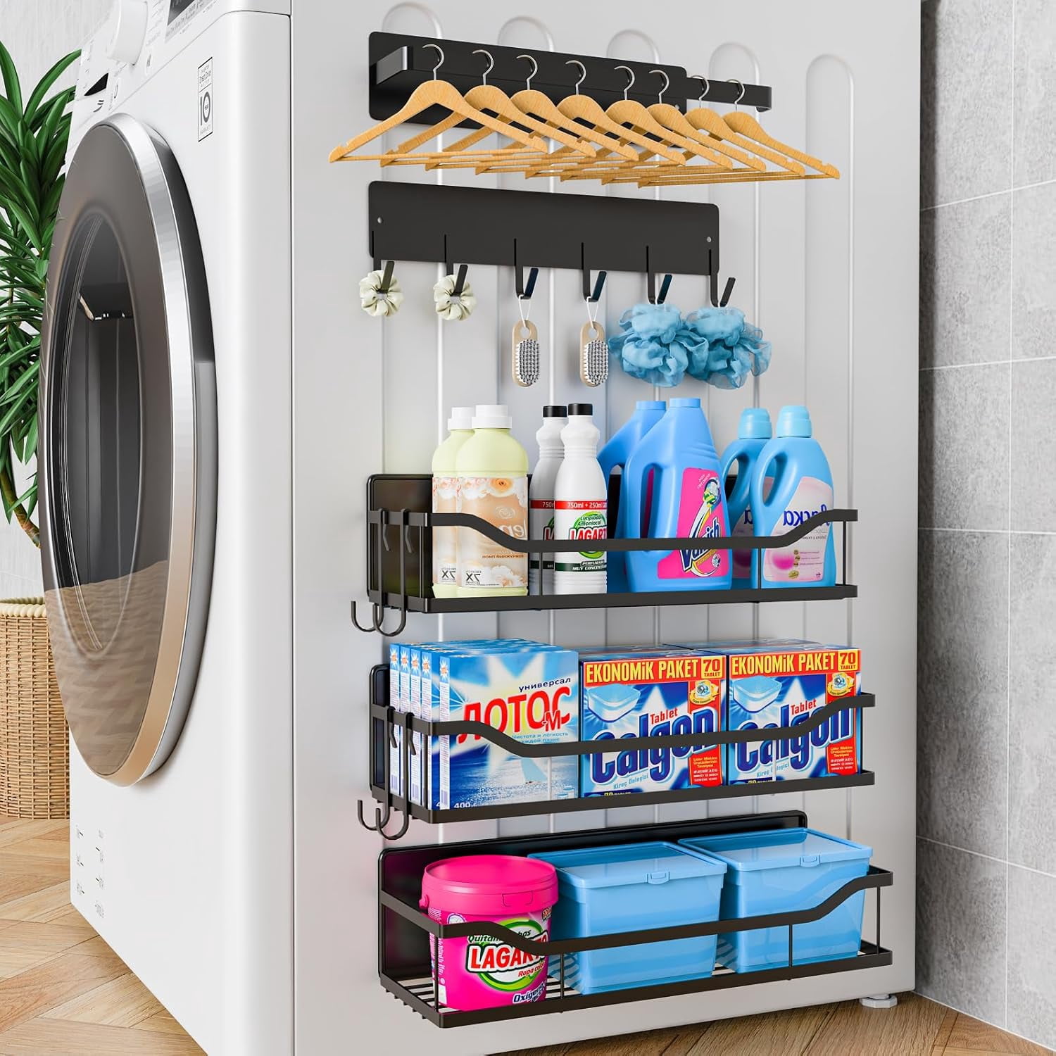 4 Pack Magnetic Shelves For Washing Machine - Heavy Duty Laundry Organizer With Hooks Blue