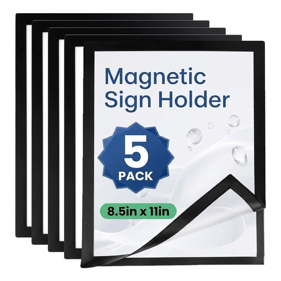 5 Pack Magnetic Sign Holder 8.5x11 Inches, Self-Adhesive Wall Mount Display Frame with Strong Magnetic Border & Clear PVC Cover for Office, Home, Store, – No Drilling Required (Black)
