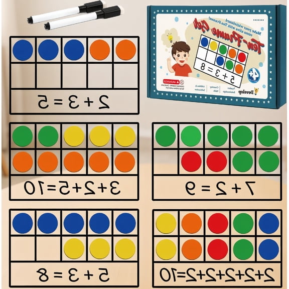 5 Pack Magnetic Ten Frame Set with 55 Magnetic Counters and 2 Dry-Erase Markers, Math Manipulative for Counting
