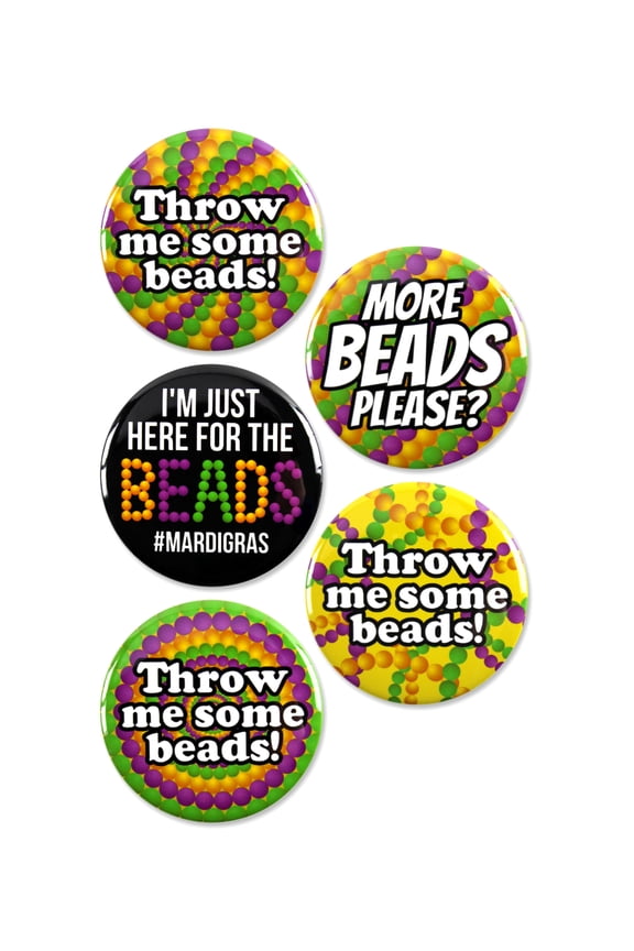 5 Pack - Mardi Gras Throw Me Some Beads Pack - Pinback Buttons Badges - 2.25 Inch