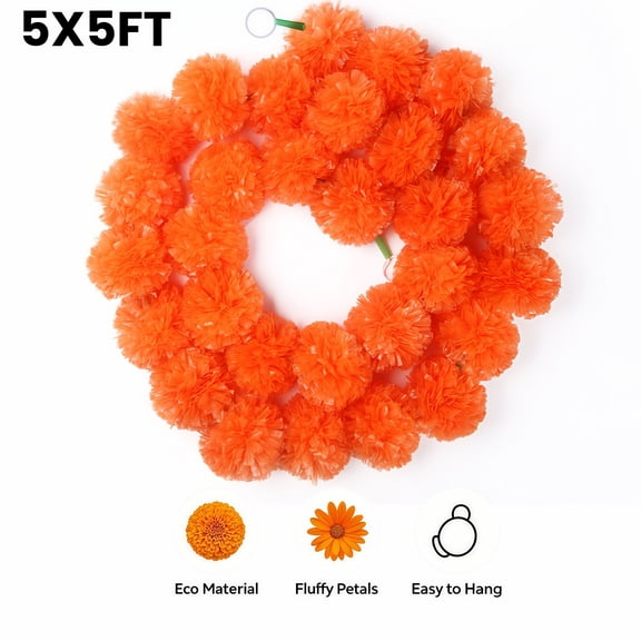 5-Pack Marigold Garland, 5x5ft Waterproof Temple Toran for Diwali Decor & Wedding Stage, Fall Decor