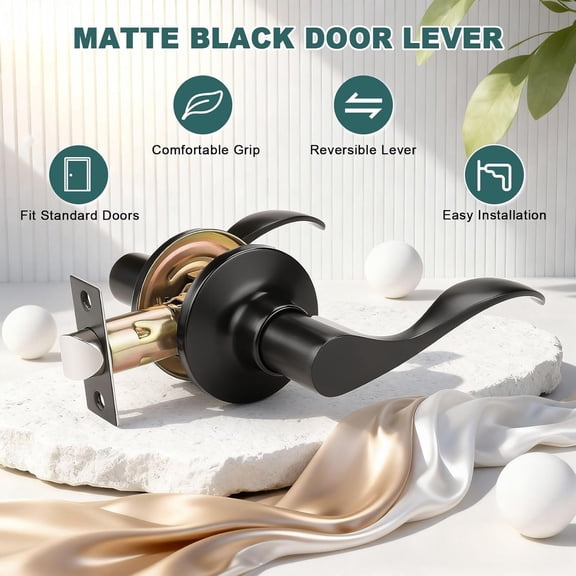 5 Pack Matte Black Passage Door Levers Interior Door Handles for Hallway and Closet Door Lock Keyless Wave Lever Door Handles
