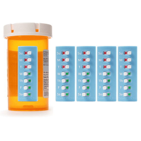 5 Pack Medication Tracker and Reminder, Take-n-Slide Reusable Pill Trackers Attach to Your Bottle 7 Day Medicine Vitamins Pets Pill Organizer Alternative Medication Aid Blue