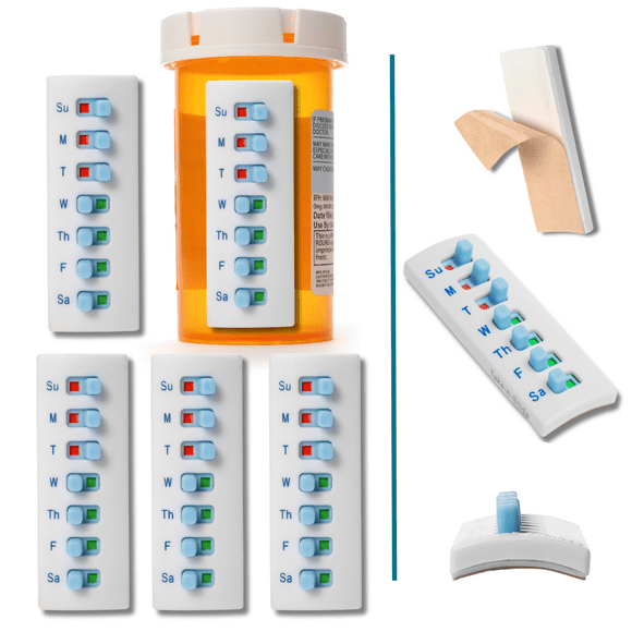 TakenSlide Peel and Stick Reusable for 12+Refills, Pill/Medication/Vitamin/Pet Med Tracker& Reminder, Attach to Your Bottle, Organizer-Free, CurvedBack (White, 5-Pack)