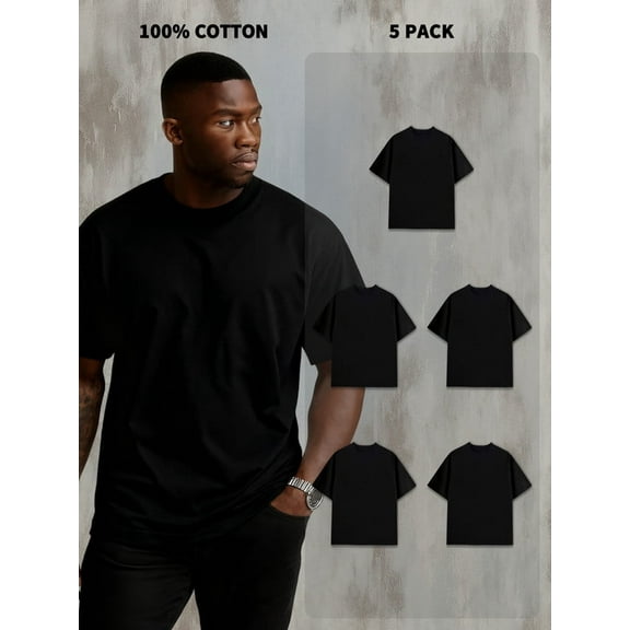 5-Pack Men's 100% Cotton Short Sleeve Crew Neck Tees - 180g, Shrink-Resistant, Cost-Effective, Black