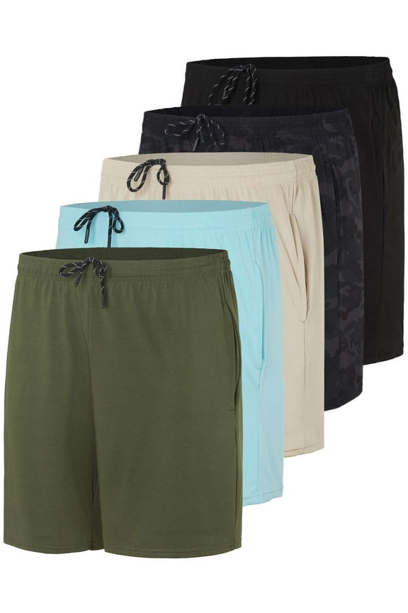 5 Pack: Men's 5" Inseam Dry-Fit Running Workout Shorts - Pockets & Drawstring (Available in Big & Tall)