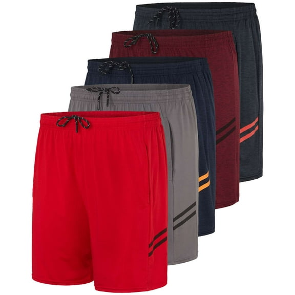 Real Essentials 5 Pack: Men's 5" Inseam Dry-Fit Running Workout Shorts - Pockets & Drawstring (Available in Big & Tall)