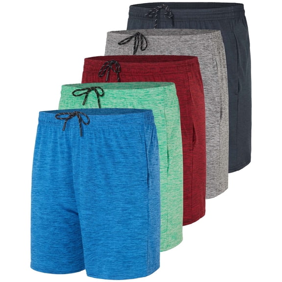 Real Essentials 5 Pack: Men's 5" Inseam Dry-Fit Running Workout Shorts - Pockets & Drawstring (Available in Big & Tall)