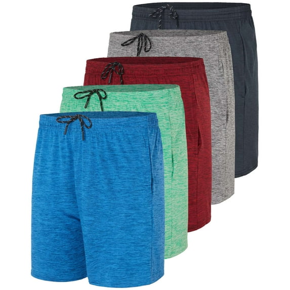 Real Essentials 5 Pack: Men's 5" Inseam Dry-Fit Running Workout Shorts - Pockets & Drawstring (Available in Big & Tall)