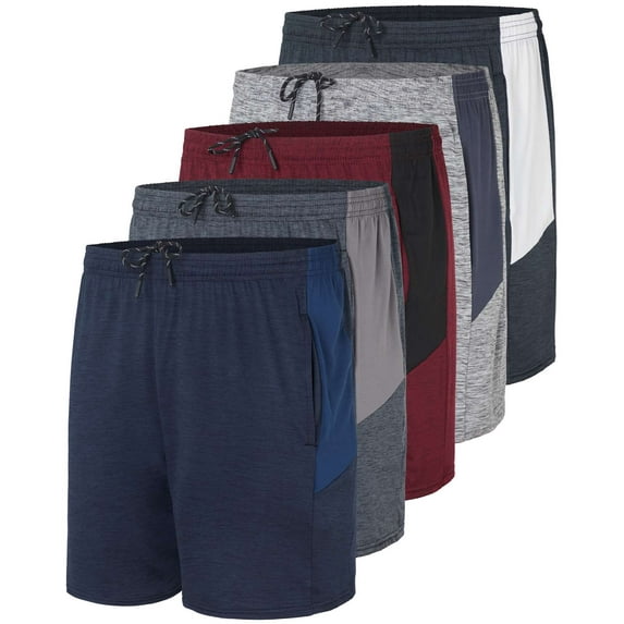 Real Essentials 5 Pack: Men's 5" Inseam Dry-Fit Running Workout Shorts - Pockets & Drawstring (Available in Big & Tall)