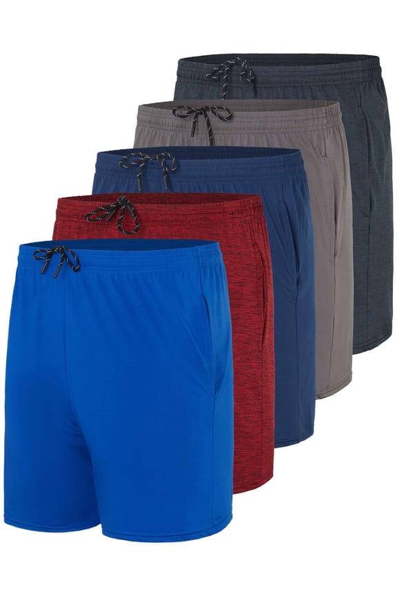 5 Pack: Men's 5" Inseam Dry-Fit Running Workout Shorts - Pockets & Drawstring (Available in Big & Tall)