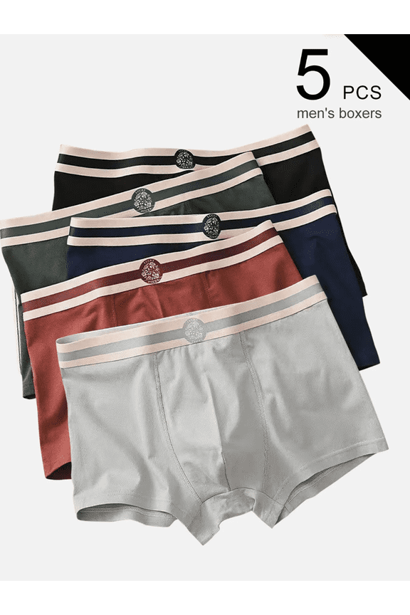 5-Pack Men's Boxers | Color-Block Striped Waistband with Unique Badge, 95% Cotton & 5% Spandex Blend - Breathable, Skin-Friendly & Stylish for Daily Wear