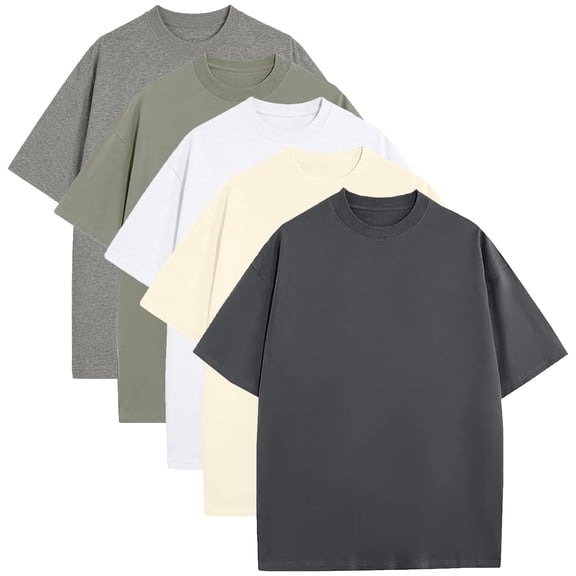 5-Pack Men's Oversized Heavyweight Cotton Crew Neck Short Sleeve Tshirts Loose Fit Tops (S-3XL)