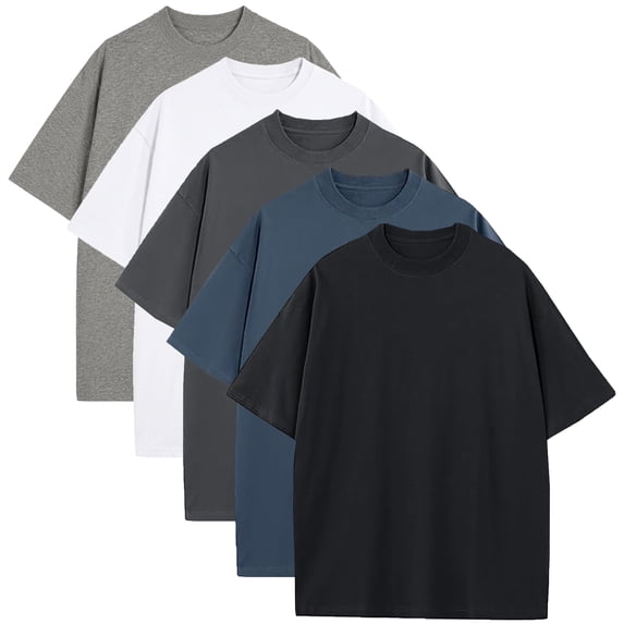 5-Pack Men's Oversized Heavyweight Cotton Crew Neck Short Sleeve Tshirts Loose Fit Tops (S-3XL)